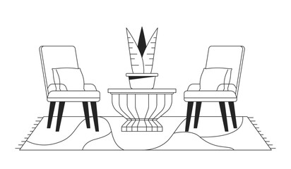Poster - Cozy patio seating furniture black and white 2D line cartoon object. Two chairs flowerpot isolated vector outline item. Carpet floor covering under armchairs monochromatic flat spot illustration