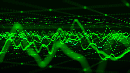 Poster - Wave of particles. Futuristic pattern of dots and lines on a dark background. Visualization of sound waves. Big data digital code. Technology or science banner. 3D rendering