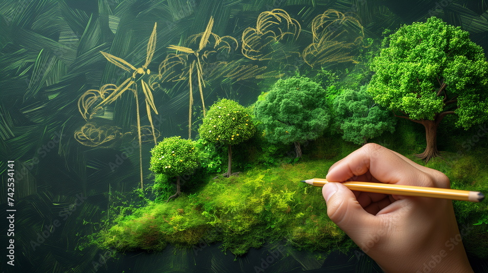 Hand drawing a concept of wind turbines and trees on a green chalkboard ...
