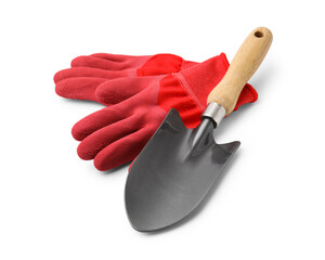 Wall Mural - Gardening gloves and trowel isolated on white