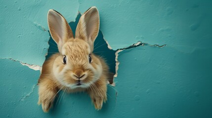 Wall Mural - cute bunny peeking out of a blue wall with a torn hole, easter concept with copy space