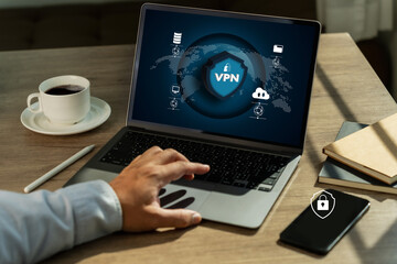 Fototapete - vpn security network with man using a laptop protection private network