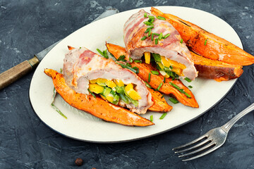 Poster - Pork roll filled and baked sweet potatoes.