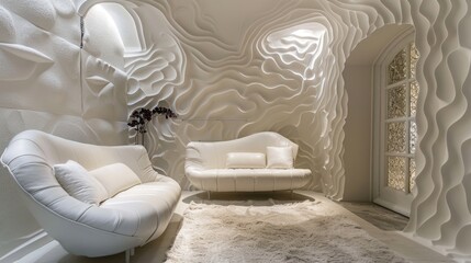 Wall Mural - Modern White Living Room with Abstract Wall Design