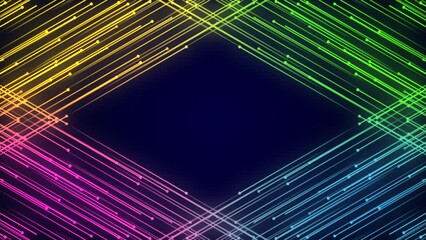 Poster - Laser beams, diagonal beams of light. Glowing stripes on a dark background. Colored lines move diagonally on a dark background. Colorful light paths with movement effect. 3D rendering. 4k animation.