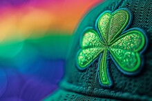 A Detailed Close-up Of A Traditional Irish Green Shamrock Design On A Stylish Hat, Framed By Vibrant Rainbow Colors In The Background. 