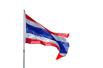 The Thai flag tied to a flagpole is waving which isolated on a white background