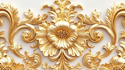 Wall Mural - Golden baroque floral pattern on white background.