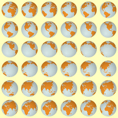 Fototapete - Collection of planet globes. Slanted sphere view. Rotation step 10 degrees. Solid color style. World map with sparse graticule lines on warm background. Vibrant vector illustration.