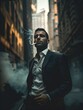 a skinny mafia men in a suit in the city holding a cigarete portrait facing camera no glasses