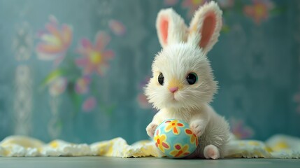 Wall Mural - Adorable rabbit holding a painted egg in a basket on a green grass background for Easter celebration
