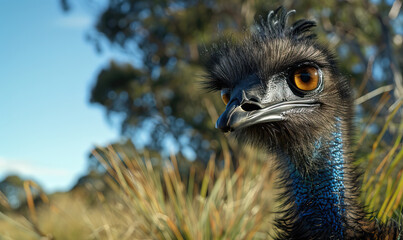 Wall Mural - Close-up head shot of a Tasmanian emu bird in its wild natural habitat, sunny bright blue sky. Concept shot on extinction, poaching, hunting, over-hunting and the threat to animals from humans