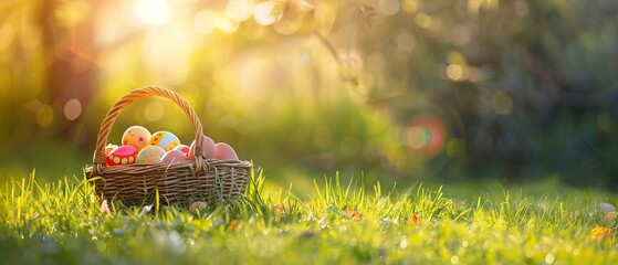 Wall Mural - Easter celebration - colorful painted eggs in a wicker basket on fresh green grass with blooming fruit trees in the background with copy space