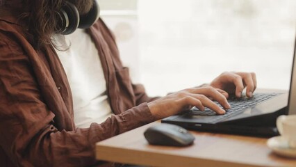 Workplace, sending messages, working hours, working on a laptop, typing keys on a keyboard, programming and IT, freelancing, business, typing hands, headphones, desktop, digital