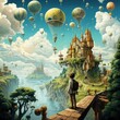 © cvetikmart - Whimsical landscape with floating islands and hot air balloons, a child adventurer observing the scene