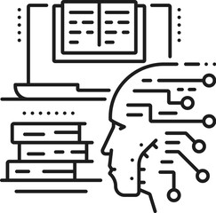 Aufkleber - Machine unsupervised learning, AI artificial intelligence algorithm icon. Artificial intelligence future technology, AI data analysis, computer science line vector icon with laptop, android face
