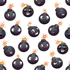 Aufkleber - Cartoon bomb characters seamless pattern. Textile pattern, wallpaper vector print or wrapping paper seamless background with funny bomb, cute grenade with flaming fuse or explosion cheerful personages