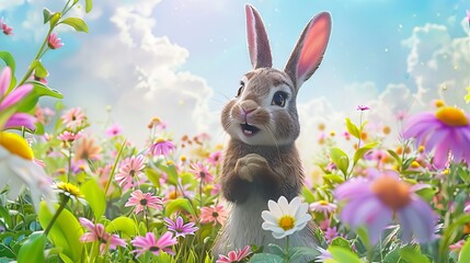 Wall Mural - Easter bunny sitting among colorful spring flowers