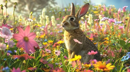 Wall Mural - Cute and fluffy Easter bunny sitting among colorful spring flowers in a sunny meadow