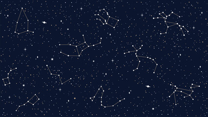 space sky celestial seamless pattern with vector map of star constellations, sparks and planets. dar