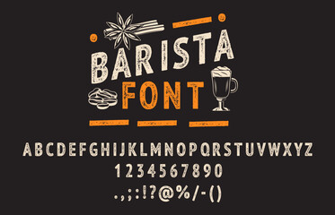 bbq grill font, barista typeface or coffee and barbecue type, vector grunge cooking alphabet. retro 