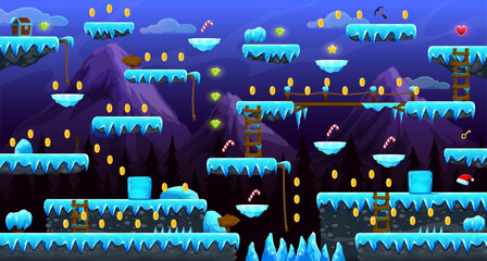 Poster - Arcade frozen world game level map interface. Ice platforms and stairs, rope, bonuses and golden coins, vector 2d video and computer game UI. Mountain landscape background with cartoon ice platforms