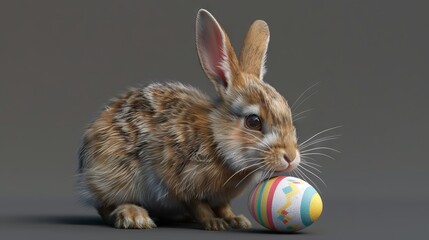 Wall Mural - cute and fluffy easter bunny holding a colorful egg on a gray background