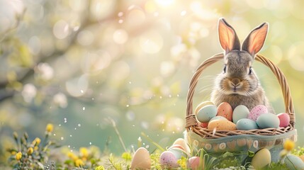 Wall Mural - Cute brown Easter bunny rabbit holding a basket full of colorful eggs on a green grass background