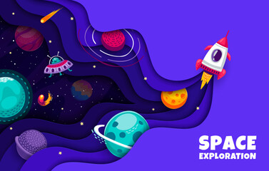 Poster - Space paper cut landscape with rocketship and starry galaxy with planets. Cartoon background with vector rocket, space sky and stars, spaceship, UFO and asteroid in 3d origami border with wavy borders