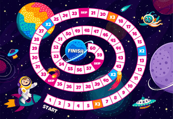 Aufkleber - Board step game with galaxy space planets, kid astronaut on rocket, ufo and alien. Vector riddle for players advancing through celestial realms and cosmic challenges, stellar journey of skill and fun