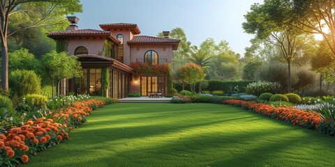 Wall Mural - An expensive residential villa with modern architecture, lush lawn, and beautiful landscaping.