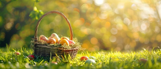 Canvas Print - Easter celebration - colorful painted eggs in a wicker basket on fresh green grass with blooming fruit trees in the background with copy space