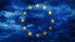Composite of Flag of European Union and rain clouds. Symbolizing heavy rains, storms, typhoons and other bad weather in the country. 3d illustration
