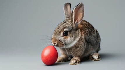 Wall Mural - cute and fluffy easter bunny holding a colorful egg on a gray background