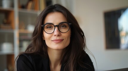 Poster - Stylish Brunette Business Woman With A Laptop Posing With Glasses Working At Workplace In Modern Office. Successful Entrepreneurship And Career Concept.