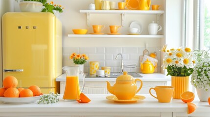 Poster - Modern comfortable kitchen with multicolored cups and teapot, orange juice in glass and utensils on white furniture, refrigerator, flowers in pots on shelves, a light wall in daylight, and panoramic