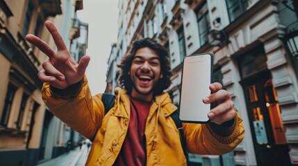 Poster - Holding a blank phone, this cheerful emotional man points a camera towards you and suggests an app or mobile website, pointing a white screen at the camera, showing a mockup banner collage of a new