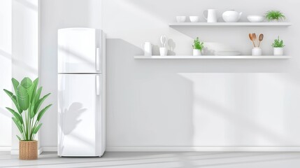 Poster - Rent of modern housing, sale of new apartment, modern renovation. White furniture and utensils, shelves with crockery and plants in pots, refrigerator in simple minimal dining room, open space.