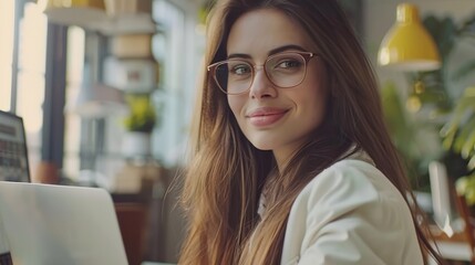 Poster - Businesswoman using laptop and wearing glasses working at work in modern office. Successful entrepreneurial and career concept. Brunette businesswoman using laptop and smiling to camera.