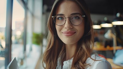 Poster - An attractive brunette business woman using a laptop, wearing glasses, working at a modern office. They are smiling to the camera as they work. Successful entrepreneurship and career concept.