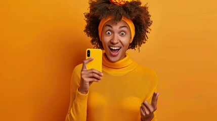 Poster - Overjoyed millennial woman standing isolated over orange studio background, pointing fingers at smartphone in her hand, emotional reaction to new app.