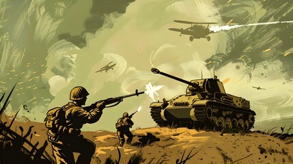 Wall Mural - World war II battle scene illustration.