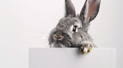Wall Mural - gray fluffy rabbit with curious expression looking at a blank signboard on white background. cute ea