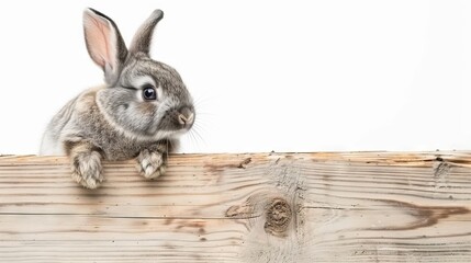 Wall Mural - gray fluffy rabbit with curious expression looking at a blank signboard on white background. cute ea