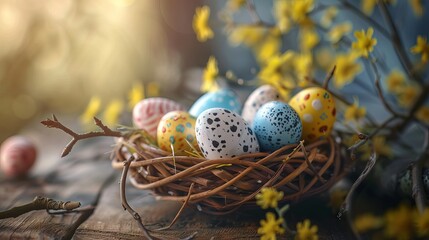 Poster - Easter celebration with colorful painted eggs in a basket on a rustic wooden table with room for text