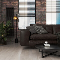 Wall Mural - modern living room interior with dark brown leather sofa in brick wall apartment, new york style apa
