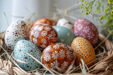 Wall Mural - Colorful Easter eggs in a row on a wooden table over the white background