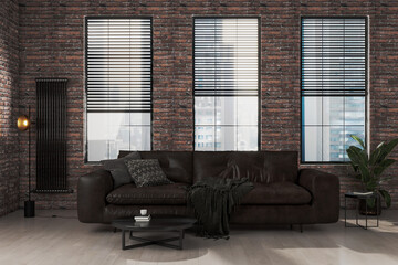 Wall Mural - modern living room interior with dark brown leather sofa in brick wall apartment, new york style apa