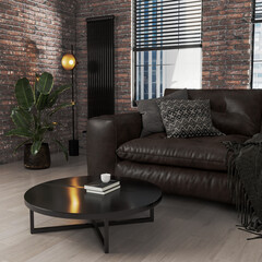 Wall Mural - modern living room interior with dark brown leather sofa in brick wall apartment, new york style apa