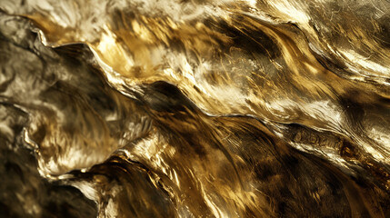Poster - Close-up of an abstract wave with a flat surface, styled in glossy gold. Features photobashing, shiny reflective details, and soft-edged drapery for an abstract creation.